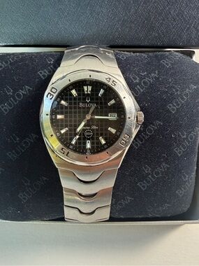 Bulova Marine Star Mens 38mm Blk Dial Silver Tone Date 96G14 New Batt, Full Kit
